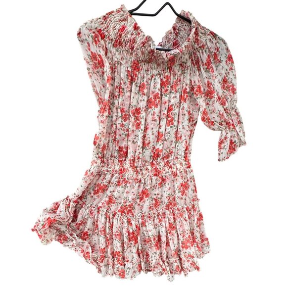 MISA Darla Dress Small Red Floral Ruffle Mini Off Shoulder Poppy Floral - Picture 10 of 11